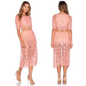 For Love and Lemons Illusion Midi Dress Pink Lace